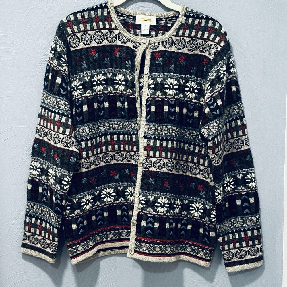 VTG 90s Talbots l Knit Sweater Button Up Fair Isle Prairie Wool Blend grandma